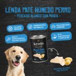 Perro golden retriever junto a una lata de paté Lenda de pescado blanco