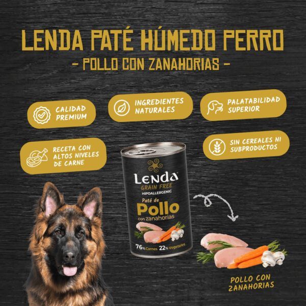 Perro pastor alemán junto a una lata de paté Lenda de pollo con zanahorias
