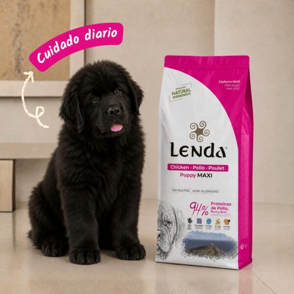 Cachorro de terranova junto al saco de Lenda Puppy Maxi