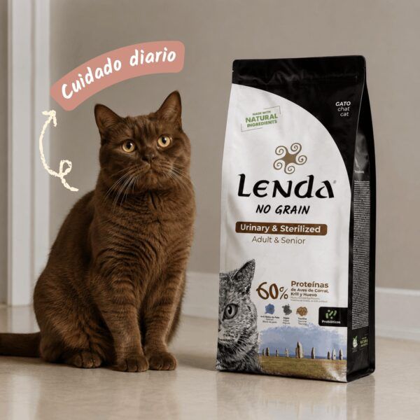 Gato senior sentado junto al saco de pienso Lenda Urinary & Sterilized