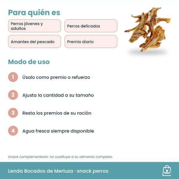 Modo de uso del Snack Bocados de Merluza Lenda para perros