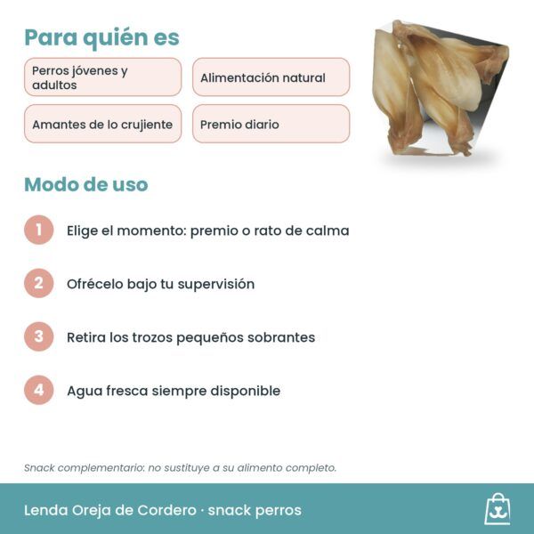 Modo de uso del Snack Oreja de Cordero Lenda para perros