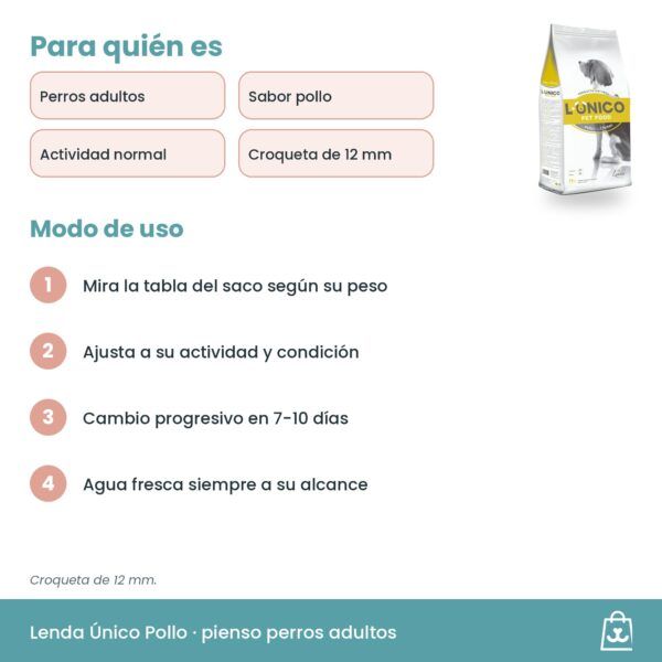Pauta de alimentación de Lenda Único Pollo: tabla del saco, actividad, cambio progresivo y agua fresca