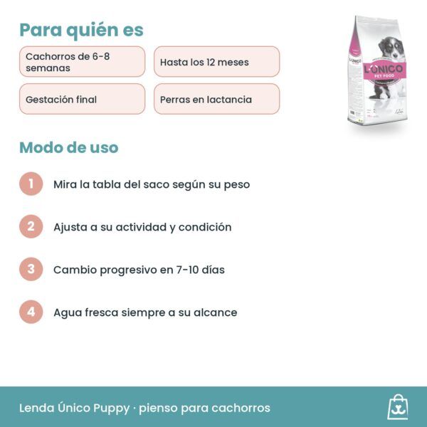 Pauta de alimentación de Lenda Único Puppy: tabla del saco, crecimiento, cambio progresivo y agua fresca