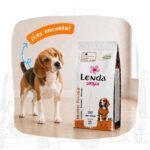 Perro junto al saco de Lenda Urban Marine Flavour Pescado Azul, pienso natural sin trigo