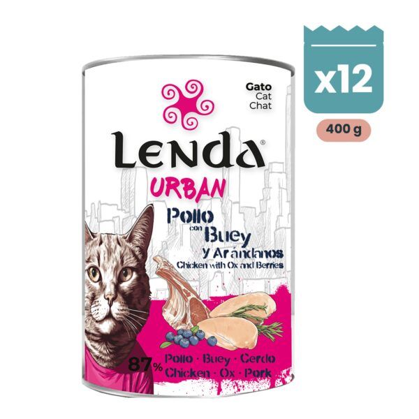 Pack de 12 latas Lenda Urban paté de pollo con buey y arándanos para gatos de 400 g