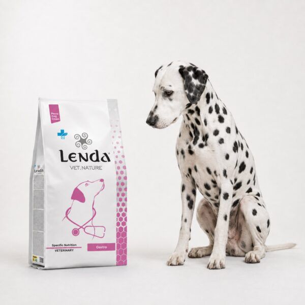 Dálmata junto al saco de Lenda Vet Nature Gastro & Atopic, dieta para digestión y piel sensibles