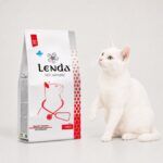Gato blanco junto al saco de Lenda Vet Nature Hepatic, dieta veterinaria para el hígado felino