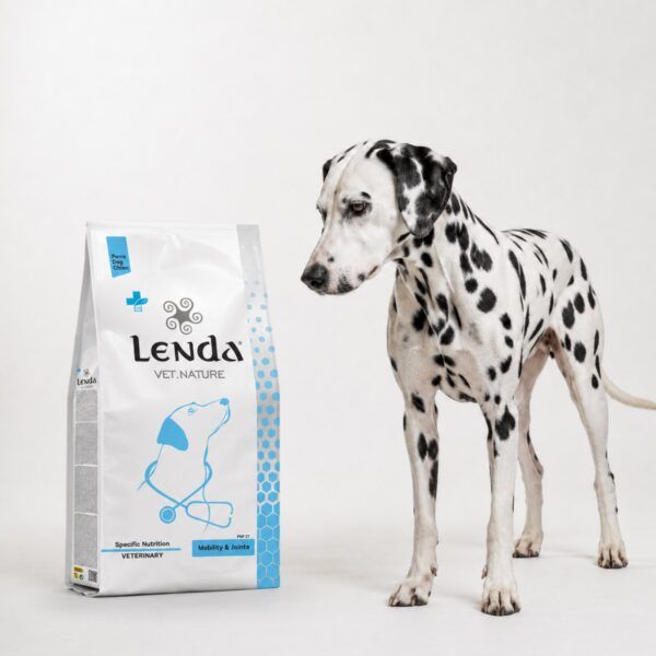 Dálmata junto al saco de Lenda Vet Nature Mobility & Joints, dieta para la movilidad del perro
