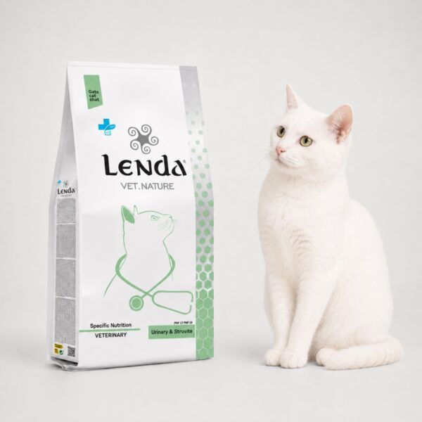 Gato blanco junto al saco de Lenda Vet Nature Urinary & Struvite, dieta para cálculos de estruvita