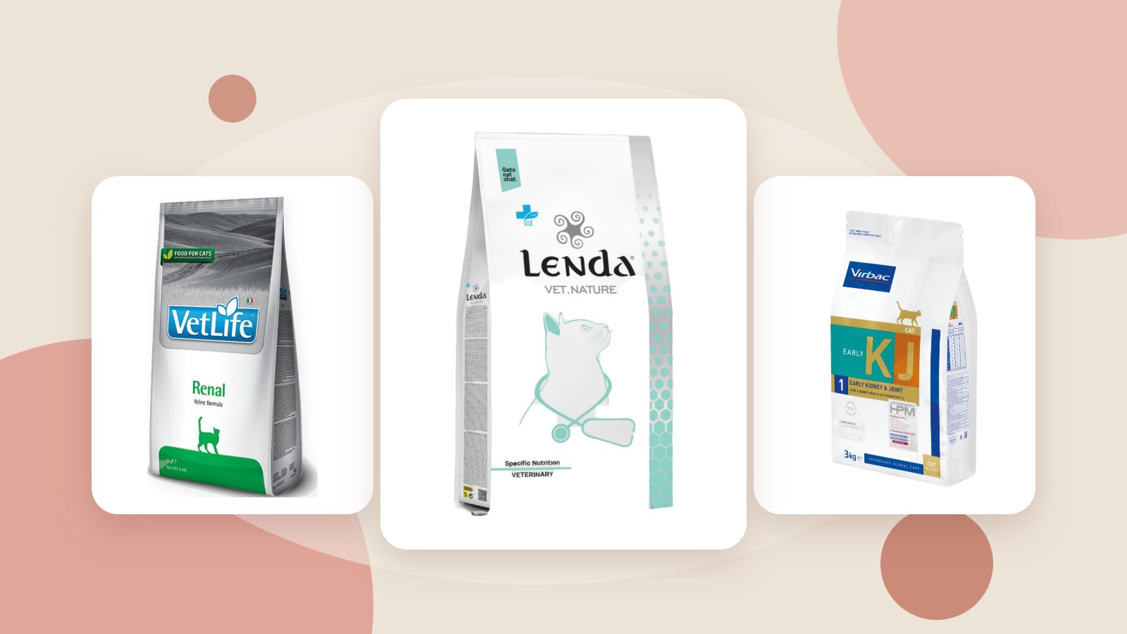 Piensos renales para gatos Lenda Vet Nature Renal, Farmina Vet Life Renal y Virbac HPM KJ1