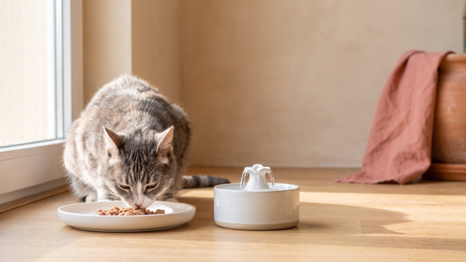 Gato mayor comiendo comida húmeda renal en un plato junto a una fuente de agua
