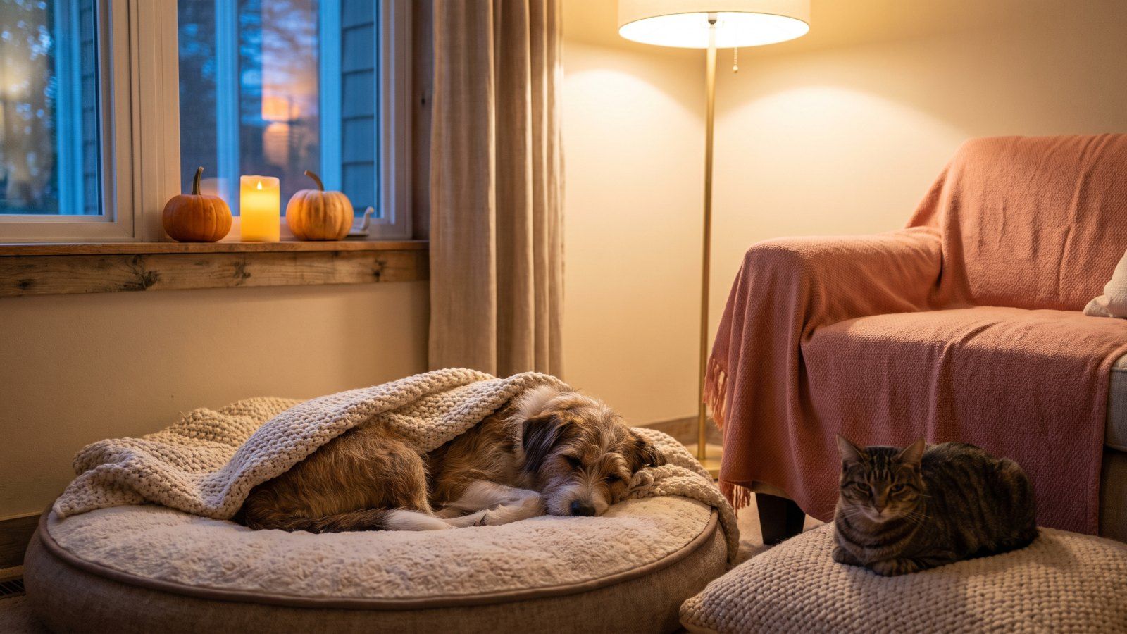 Halloween con perros y gatos: refugio tranquilo con cama y manta para el perro y cojín para el gato