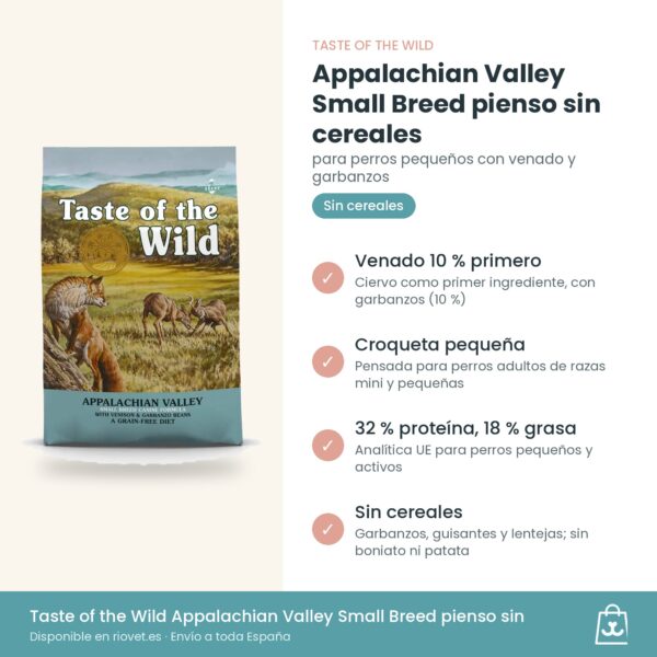 Infografía de beneficios de Taste of the Wild Appalachian Valley: venado 10 %, croqueta pequeña y sin cereales