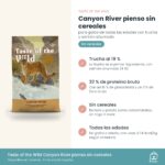 Infografía de beneficios de Taste of the Wild Canyon River para gatos: trucha al 19 % y sin cereales