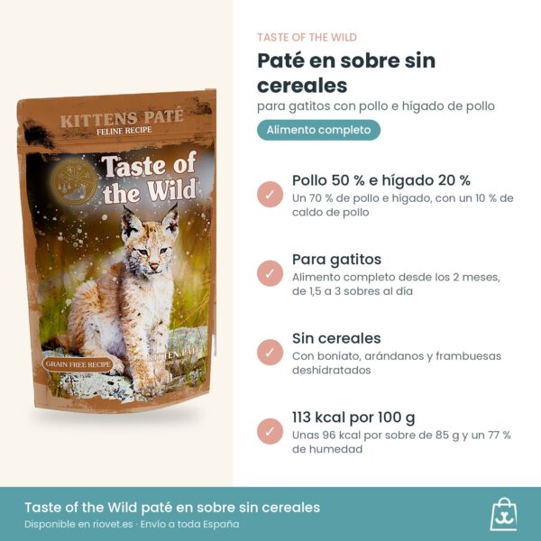 Infografía de beneficios de Taste of the Wild paté para gatitos: pollo 50 % y sin cereales