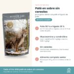 Infografía de beneficios de Taste of the Wild paté para gatos senior: glucosamina, condroitina y sin cereales