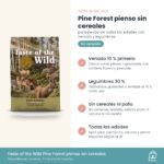 Infografía de beneficios de Taste of the Wild Pine Forest: venado 10 %, legumbres y sin cereales