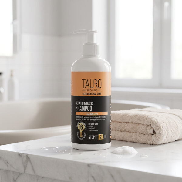 Tauro Champú Queratina Y Brillo 1 Litro en uso en la peluquería