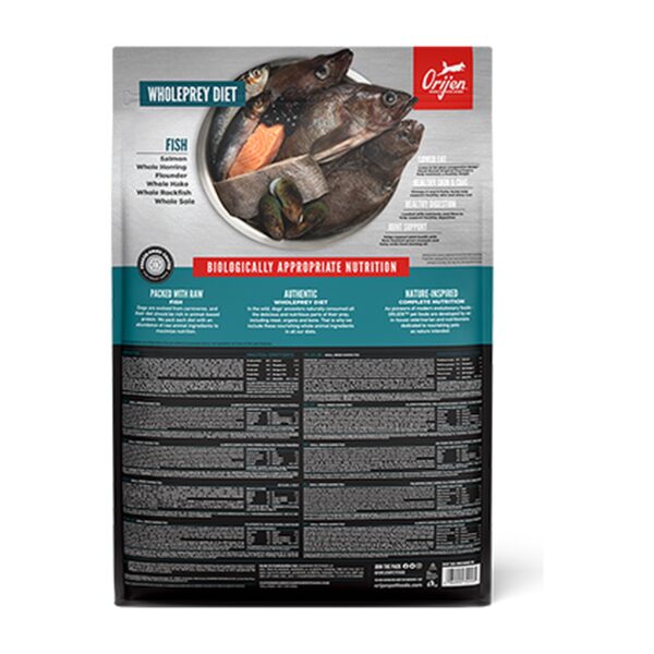 Reverso del envase de Orijen Small Breed Marine Fish Pienso Sin Cereales con Pescado para Perros de Razas Pequeñas 4,5 kg