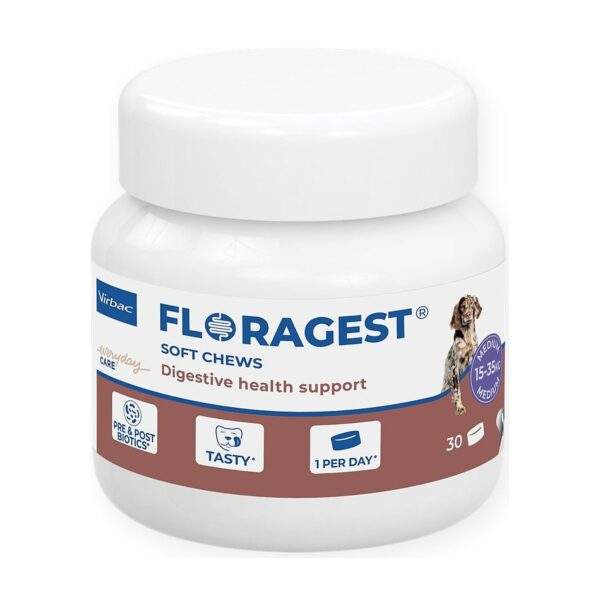 Bote de Virbac Floragest Soft Chews para perros medianos de 15 a 35 kg, 30 comprimidos masticables