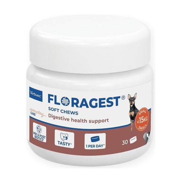 Bote de Virbac Floragest Soft Chews para perros pequeños de hasta 15 kg, 30 comprimidos masticables