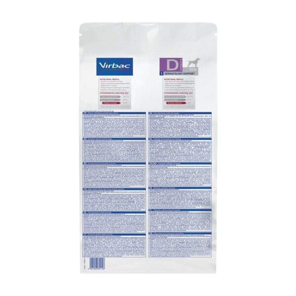 Reverso del envase de Virbac HPM D1 Dermatology Support para perros