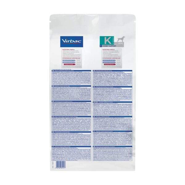 Reverso del envase de Virbac HPM K1 Kidney Support para perros