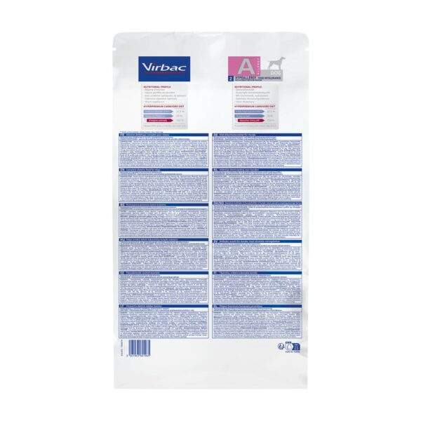 Reverso del saco de Virbac HPM Hypoallergy A2 con composición y modo de empleo