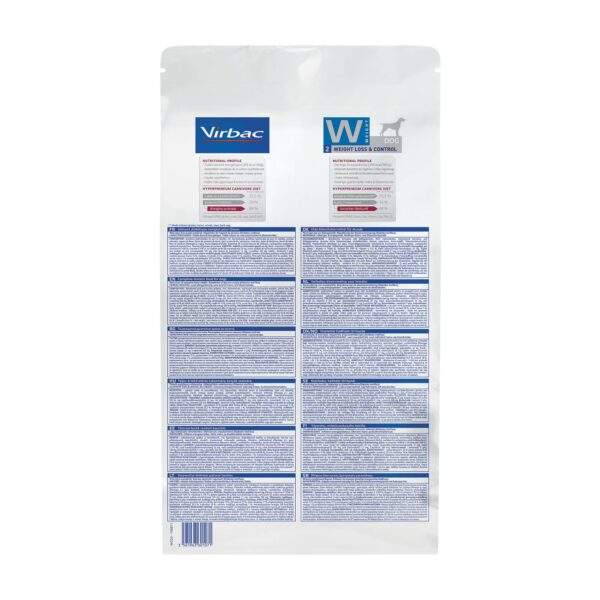 Reverso del saco de Virbac HPM Weight Loss & Control W2 con composición e instrucciones