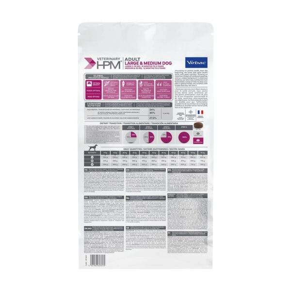 Reverso del saco Virbac HPM Adult Large and Medium con composición y raciones