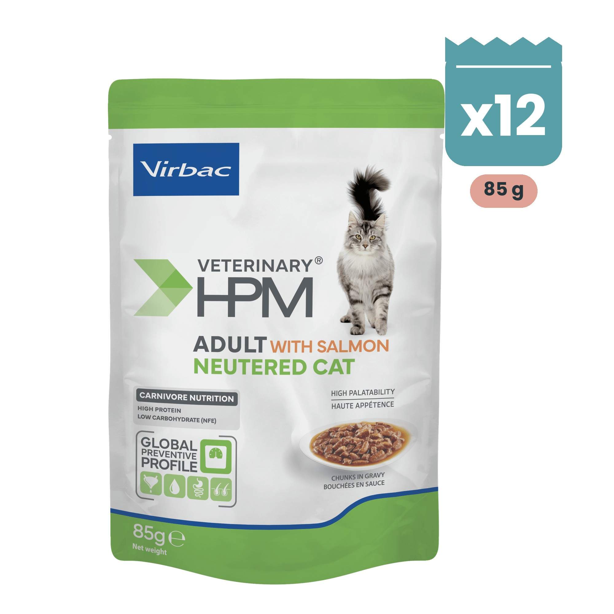 virbac-hpm-sobres-salmon-gatos-esterilizados-pack-ahorro-12x85-gr-1-producto Pack de sobres Virbac HPM de salmón para gatos esterilizados, comida húmeda en trozos con salsa