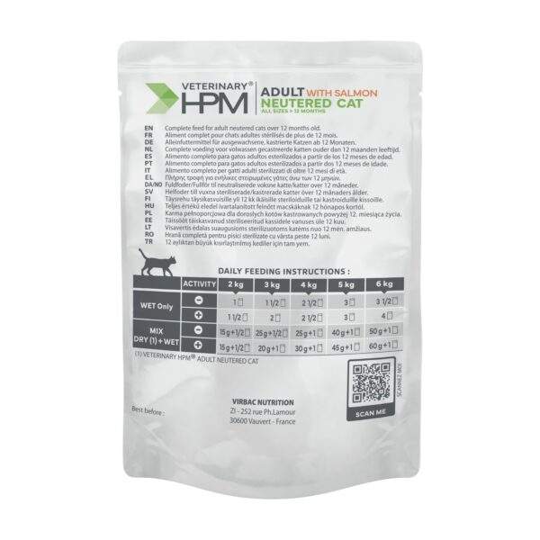 Sobre de 85 g Virbac HPM Adult Neutered Cat con salmón en trozos con salsa