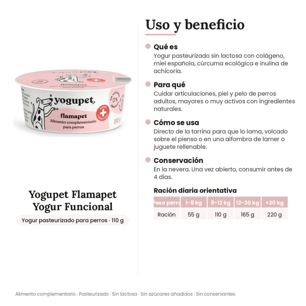 Yogupet Flamapet Yogur Funcional con Colágeno, Miel y Cúrcuma para Perros Pack Ahorro 4 x 110 g - uso y beneficio