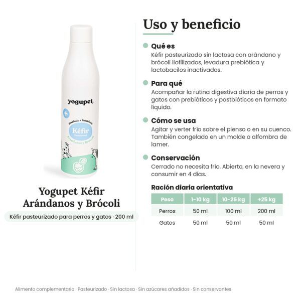 Yogupet Kéfir Arándanos y Brócoli con Prebióticos y Postbióticos para Perros y Gatos 200 ml - uso y beneficio