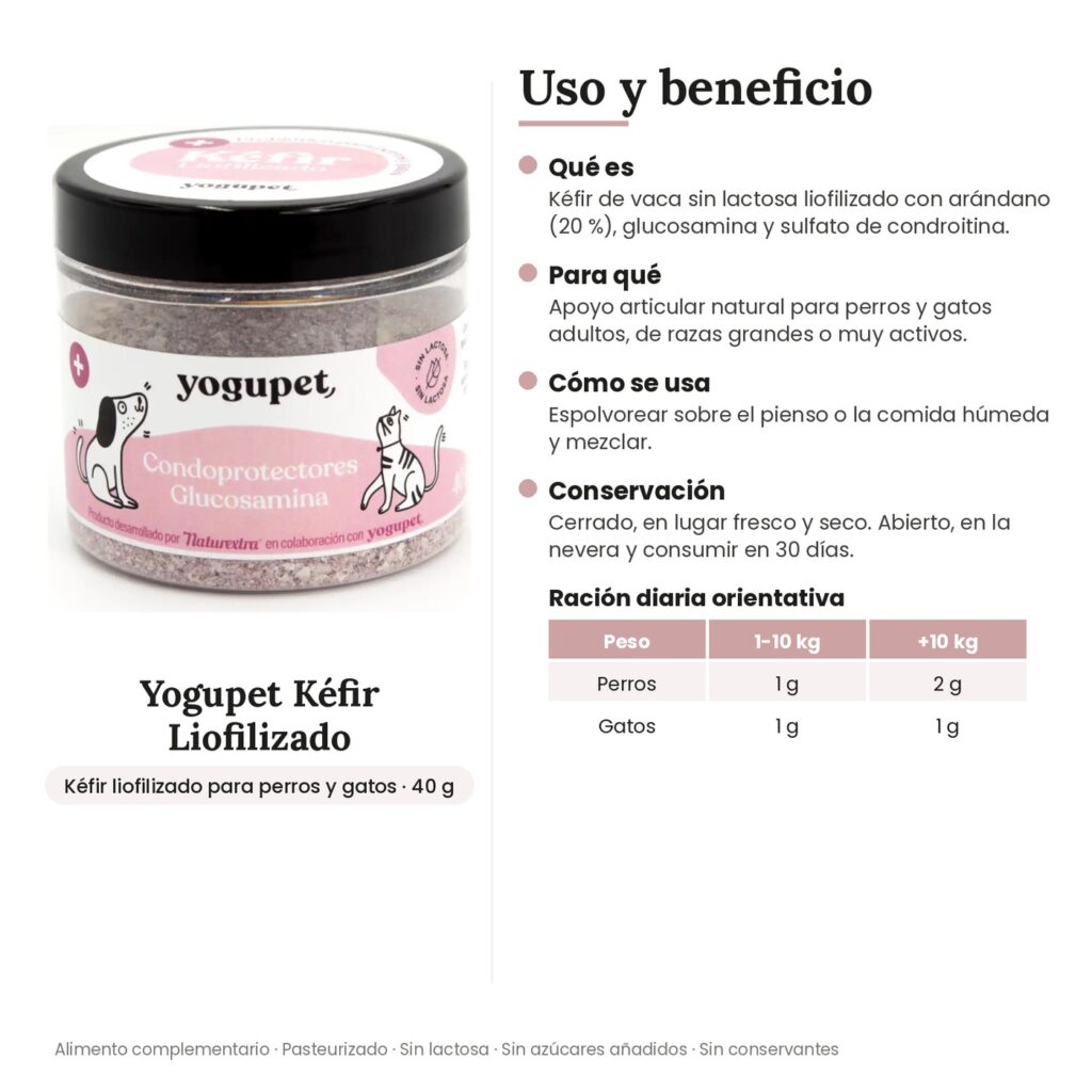 Yogupet Kéfir Liofilizado con Arándanos, Glucosamina y Condroitina para Perros y Gatos 40 g - uso y beneficio