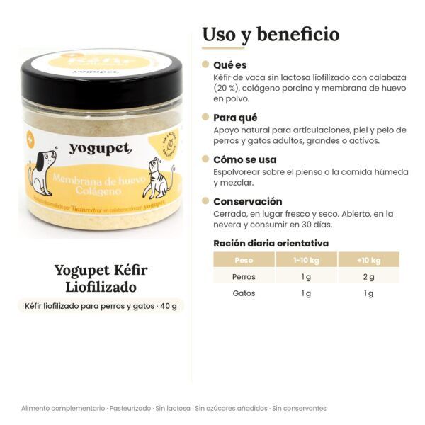 Yogupet Kéfir Liofilizado con Calabaza, Membrana de Huevo y Colágeno para Perros y Gatos 40 g - uso y beneficio