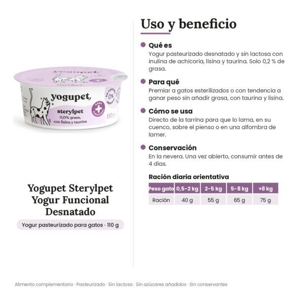 Yogupet Sterylpet Yogur Funcional Desnatado con Lisina y Taurina para Gatos Esterilizados Pack Ahorro 4 x 110 g - uso y beneficio