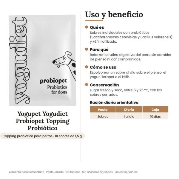 Yogupet Yogudiet Probiopet Topping Probiótico con Kéfir Liofilizado para Perros 10 Sobres de 1,5 g - uso y beneficio