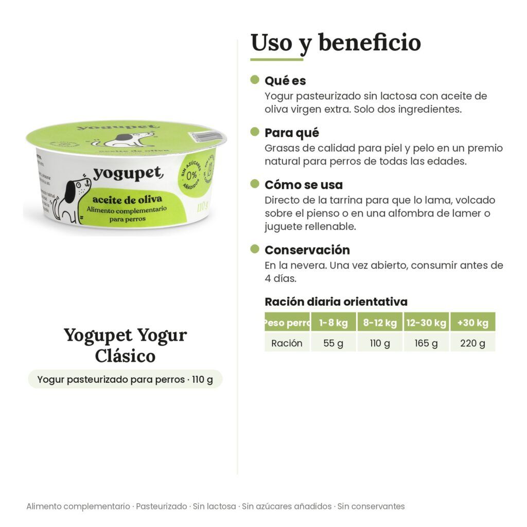 Yogupet Yogur Clásico con Aceite de Oliva Virgen Extra para Perros Pack Ahorro 4 x 110 g - uso y beneficio